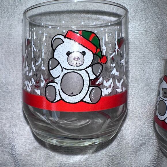 Vintage MCM Retro Libbey Christmas Teddy Bears Low Ball Drinking Glasses Set 4 - Picture 2 of 5